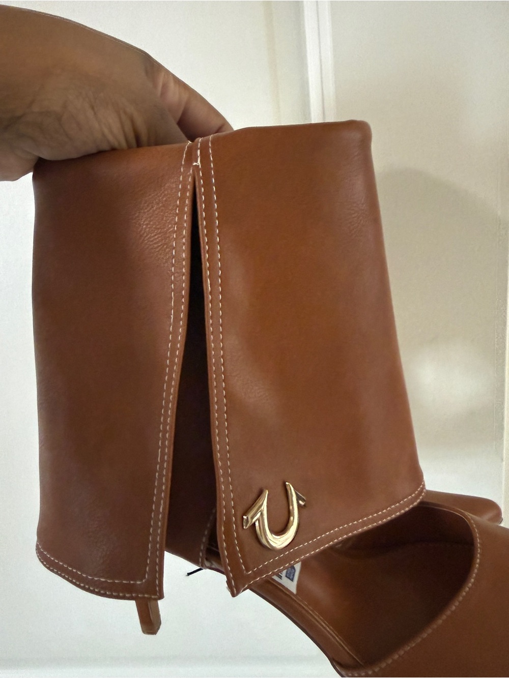 True Religion Tan Leather Heels with Gold Logo